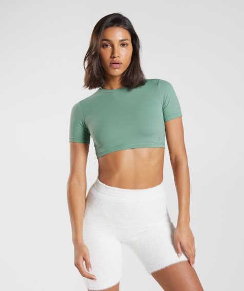 Women's Gymshark Whitney Short Sleeve Cropped Tops Green | NZ 4OZSKQ